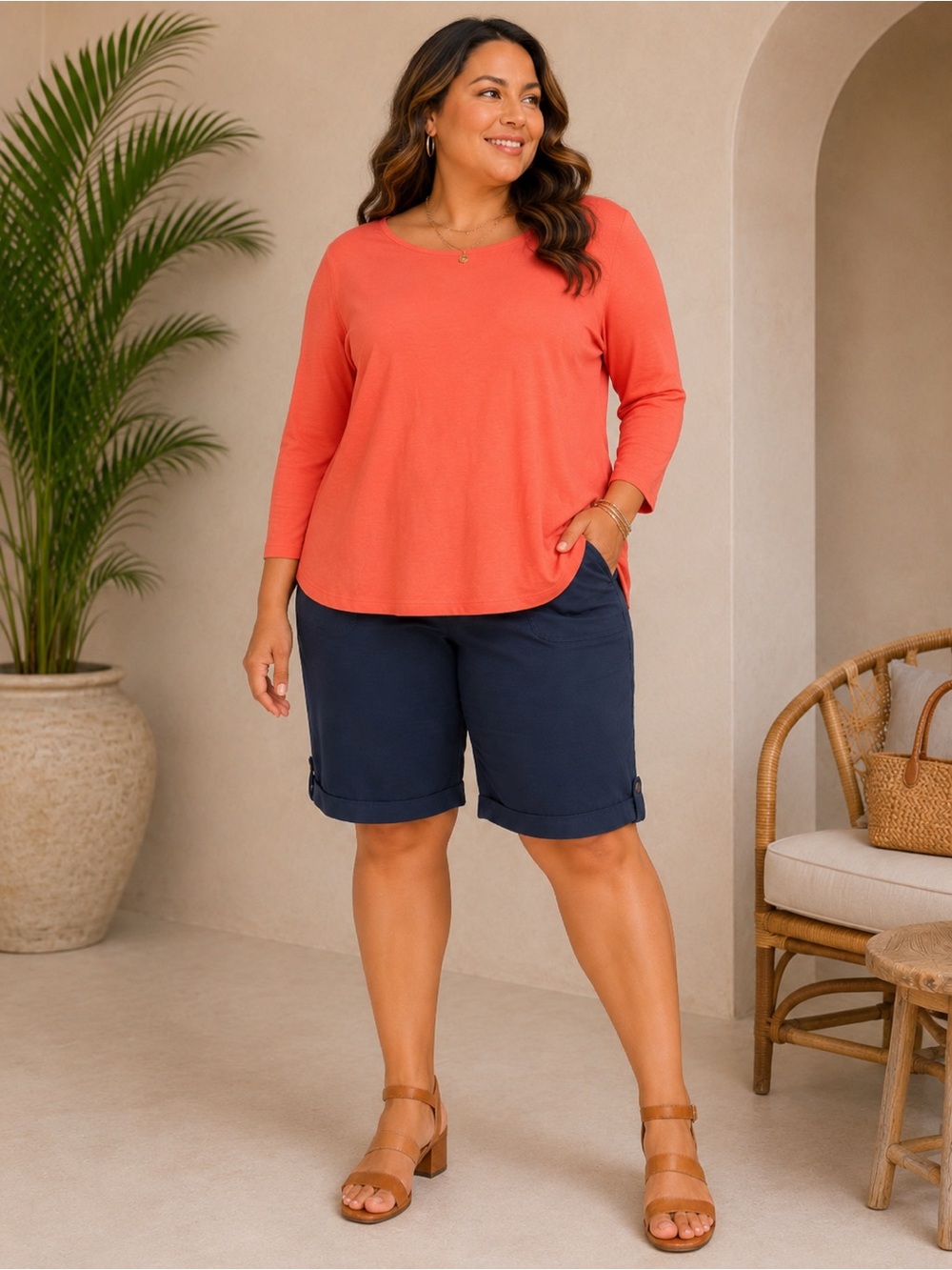 Talbots 100% Pima Cotton Boat Neck 3/4 Sleeve Coral Top Plus Size 3X Petite NWT